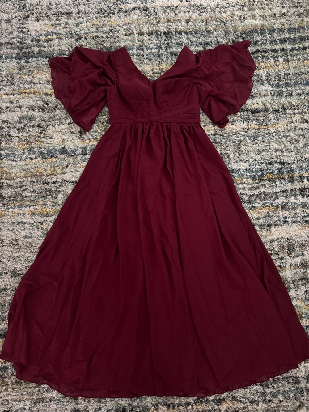 Ruffled Sleeve V-Neck Maxi Dress in Burgundy